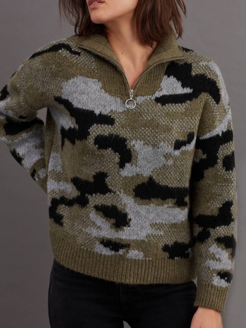 Anthropologie Ferne Quarter-Zip Pullover in Army Green, Size XS